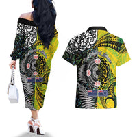 New Zealand and Cook Islands Together Couples Matching Off The Shoulder Long Sleeve Dress and Hawaiian Shirt Tatau Art Tribal Pattern-Maori Tattoo with Fern and Paua Shell