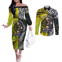 New Zealand and Cook Islands Together Couples Matching Off The Shoulder Long Sleeve Dress and Long Sleeve Button Shirt Tatau Art Tribal Pattern-Maori Tattoo with Fern and Paua Shell