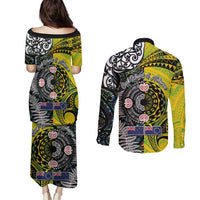New Zealand and Cook Islands Together Couples Matching Puletasi and Long Sleeve Button Shirt Tatau Art Tribal Pattern-Maori Tattoo with Fern and Paua Shell