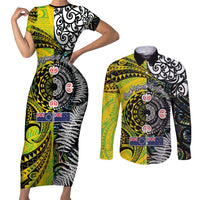 New Zealand and Cook Islands Together Couples Matching Short Sleeve Bodycon Dress and Long Sleeve Button Shirt Tatau Art Tribal Pattern-Maori Tattoo with Fern and Paua Shell