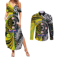 New Zealand and Cook Islands Together Couples Matching Summer Maxi Dress and Long Sleeve Button Shirt Tatau Art Tribal Pattern-Maori Tattoo with Fern and Paua Shell