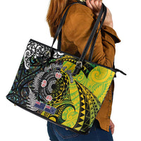New Zealand and Cook Islands Together Leather Tote Bag Tatau Art Tribal Pattern-Maori Tattoo with Fern and Paua Shell LT03 - Polynesian Pride