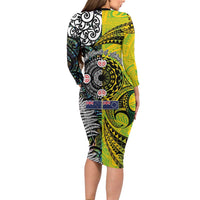 New Zealand and Cook Islands Together Long Sleeve Bodycon Dress Tatau Art Tribal Pattern-Maori Tattoo with Fern and Paua Shell
