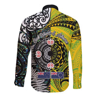 New Zealand and Cook Islands Together Long Sleeve Button Shirt Tatau Art Tribal Pattern-Maori Tattoo with Fern and Paua Shell