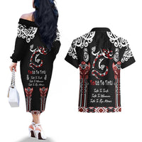 Aotearoa Toitu Te Tiriti-Maori Taniwha Couples Matching Off The Shoulder Long Sleeve Dress and Hawaiian Shirt Toitu Te Whenua Toitu Te Reo Maori