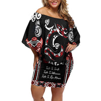 Aotearoa Toitu Te Tiriti-Maori Taniwha Off Shoulder Short Dress Toitu Te Whenua Toitu Te Reo Maori