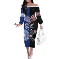 Personalised Aotearoa and Samoa Together Family Matching Off The Shoulder Long Sleeve Dress and Hawaiian Shirt Tatau Art Tattoos-Taniko and Tukutuku with Maori Pattern LT03 Mom's Dress Black - Polynesian Pride
