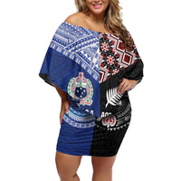 Personalised Aotearoa and Samoa Together Family Matching Off Shoulder Short Dress and Hawaiian Shirt Tatau Art Tattoos-Taniko and Tukutuku with Maori Pattern LT03 Mom's Dress Black - Polynesian Pride