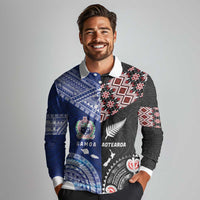 Personalised Aotearoa and Samoa Together Long Sleeve Polo Shirt Tatau Art Tattoos-Taniko and Tukutuku with Maori Pattern