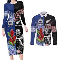 Custom Aotearoa and Samoa Rugby Couples Matching Long Sleeve Bodycon Dress and Long Sleeve Button Shirt Maori Warrior and Teuila Emblem-Tatau with Taniko Art