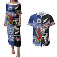 Custom Aotearoa and Samoa Rugby Couples Matching Puletasi and Hawaiian Shirt Maori Warrior and Teuila Emblem-Tatau with Taniko Art LT03 Black - Polynesian Pride