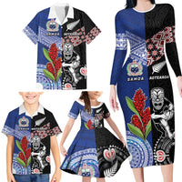 Custom Aotearoa and Samoa Rugby Family Matching Long Sleeve Bodycon Dress and Hawaiian Shirt Maori Warrior and Teuila Emblem-Tatau with Taniko Art LT03 - Polynesian Pride