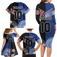 Custom Aotearoa and Samoa Rugby Family Matching Long Sleeve Bodycon Dress and Hawaiian Shirt Maori Warrior and Teuila Emblem-Tatau with Taniko Art LT03 - Polynesian Pride