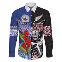 Custom Aotearoa and Samoa Rugby Family Matching Mermaid Dress and Hawaiian Shirt Maori Warrior and Teuila Emblem-Tatau with Taniko Art LT03 Dad's Shirt - Long Sleeve Black - Polynesian Pride