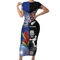 Custom Aotearoa and Samoa Rugby Family Matching Short Sleeve Bodycon Dress and Hawaiian Shirt Maori Warrior and Teuila Emblem-Tatau with Taniko Art LT03 Mom's Dress Black - Polynesian Pride