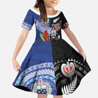 Custom Aotearoa and Samoa Rugby Family Matching Tank Maxi Dress and Hawaiian Shirt Maori Warrior and Teuila Emblem-Tatau with Taniko Art LT03 Daughter's Dress Black - Polynesian Pride