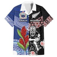 Custom Aotearoa and Samoa Rugby Hawaiian Shirt Maori Warrior and Teuila Emblem-Tatau with Taniko Art LT03 Black - Polynesian Pride