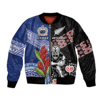 Custom Aotearoa and Samoa Rugby Sleeve Zip Bomber Jacket Maori Warrior and Teuila Emblem-Tatau with Taniko Art