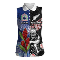 Custom Aotearoa and Samoa Rugby Women Sleeveless Polo Shirt Maori Warrior and Teuila Emblem-Tatau with Taniko Art