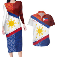 Philippines National Flag Day Couples Matching Long Sleeve Bodycon Dress and Hawaiian Shirt Polynesian and Yakan Tattoo Brush Style