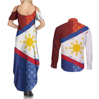 Philippines National Flag Day Couples Matching Summer Maxi Dress and Long Sleeve Button Shirt Polynesian and Yakan Tattoo Brush Style