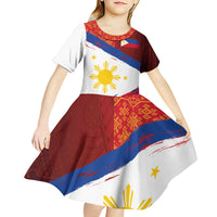 Philippines National Flag Day Kid Short Sleeve Dress Polynesian and Yakan Tattoo Brush Style