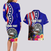 Personalised American Samoa and United States Couples Matching Long Sleeve Bodycon Dress and Hawaiian Shirt Bald Eagle and Seal Hibiscus Polynesian Pattern