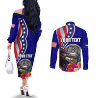 Personalised American Samoa and United States Couples Matching Off The Shoulder Long Sleeve Dress and Long Sleeve Button Shirt Bald Eagle and Seal Hibiscus Polynesian Pattern LT03 - Polynesian Pride