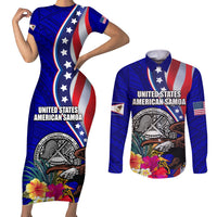 Personalised American Samoa and United States Couples Matching Short Sleeve Bodycon Dress and Long Sleeve Button Shirt Bald Eagle and Seal Hibiscus Polynesian Pattern LT03 Blue - Polynesian Pride