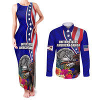 Personalised American Samoa and United States Couples Matching Tank Maxi Dress and Long Sleeve Button Shirt Bald Eagle and Seal Hibiscus Polynesian Pattern LT03 Blue - Polynesian Pride