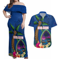 Guam Liberation Day 80th Anniversary Couples Matching Off Shoulder Maxi Dress and Hawaiian Shirt Palm Tree and Seal Artwork Hibiscus Polynesian Pattern LT03 Blue - Polynesian Pride