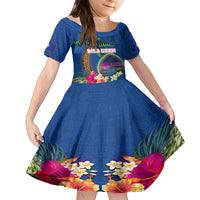 Guam Liberation Day 80th Anniversary Family Matching Off The Shoulder Long Sleeve Dress and Hawaiian Shirt Palm Tree and Seal Artwork Hibiscus Polynesian Pattern
