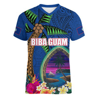 Guam Liberation Day 80th Anniversary Women V-Neck T-Shirt Palm Tree and Seal Artwork Hibiscus Polynesian Pattern