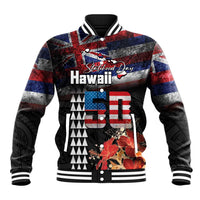Hawaii Statehood Day Baseball Jacket 50th state of the United States Kakau Tattoos and Hibiscus Grunge - Polynesian Pride