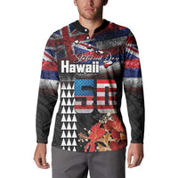 Hawaii Statehood Day Button Sweatshirt 50th state of the United States Kakau Tattoos and Hibiscus Grunge - Polynesian Pride