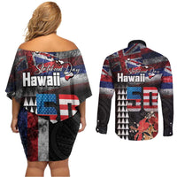 Hawaii Statehood Day Couples Matching Off Shoulder Short Dress and Long Sleeve Button Shirt 50th state of the United States Kakau Tattoos and Hibiscus Grunge - Polynesian Pride