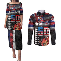 Hawaii Statehood Day Couples Matching Puletasi and Long Sleeve Button Shirt 50th state of the United States Kakau Tattoos and Hibiscus Grunge - Polynesian Pride