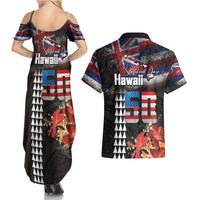 Hawaii Statehood Day Couples Matching Summer Maxi Dress and Hawaiian Shirt 50th state of the United States Kakau Tattoos and Hibiscus Grunge - Polynesian Pride