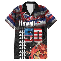 Hawaii Statehood Day Family Matching Off The Shoulder Long Sleeve Dress and Hawaiian Shirt 50th state of the United States Kakau Tattoos and Hibiscus Grunge - Polynesian Pride