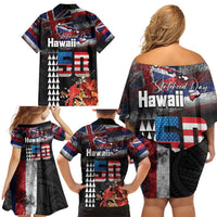 Hawaii Statehood Day Family Matching Off Shoulder Short Dress and Hawaiian Shirt 50th state of the United States Kakau Tattoos and Hibiscus Grunge - Polynesian Pride