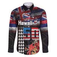 Hawaii Statehood Day Family Matching Off Shoulder Short Dress and Hawaiian Shirt 50th state of the United States Kakau Tattoos and Hibiscus Grunge - Polynesian Pride