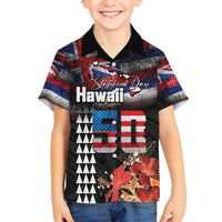 Hawaii Statehood Day Family Matching Off Shoulder Short Dress and Hawaiian Shirt 50th state of the United States Kakau Tattoos and Hibiscus Grunge - Polynesian Pride