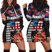 Hawaii Statehood Day Hoodie Dress 50th state of the United States Kakau Tattoos and Hibiscus Grunge - Polynesian Pride