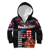 Hawaii Statehood Day Kid Hoodie 50th state of the United States Kakau Tattoos and Hibiscus Grunge - Polynesian Pride