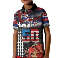 Hawaii Statehood Day Kid Polo Shirt 50th state of the United States Kakau Tattoos and Hibiscus Grunge - Polynesian Pride