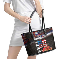 Hawaii Statehood Day Leather Tote Bag 50th state of the United States Kakau Tattoos and Hibiscus Grunge - Polynesian Pride
