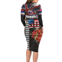 Hawaii Statehood Day Long Sleeve Bodycon Dress 50th state of the United States Kakau Tattoos and Hibiscus Grunge - Polynesian Pride