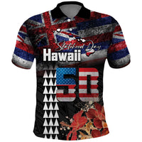 Hawaii Statehood Day Polo Shirt 50th state of the United States Kakau Tattoos and Hibiscus Grunge - Polynesian Pride