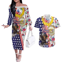 Hawaii and United States Together Couples Matching Off The Shoulder Long Sleeve Dress and Hawaiian Shirt Seal of Hawaii and Bald Eagle LT03 White - Polynesian Pride
