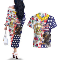 Hawaii and United States Together Couples Matching Off The Shoulder Long Sleeve Dress and Hawaiian Shirt Seal of Hawaii and Bald Eagle LT03 - Polynesian Pride